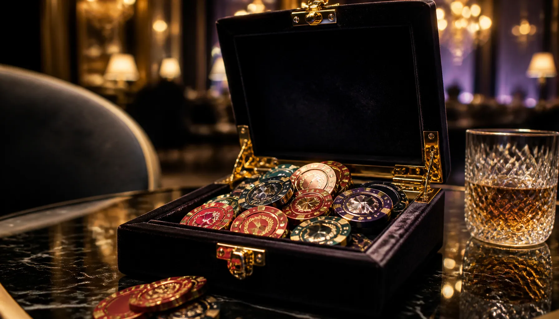 Close-up of gleaming interlocked gold rings spinning on a dark velvet surface with warm cinematic casino lighting