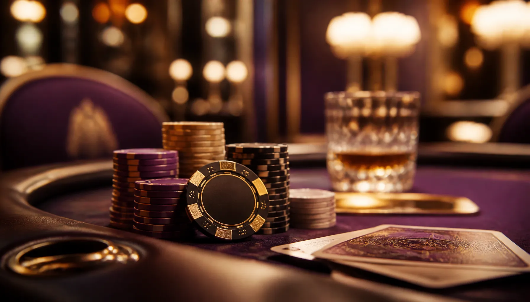 Close-up of gleaming interlocked gold rings spinning on a dark velvet surface with warm cinematic casino lighting
