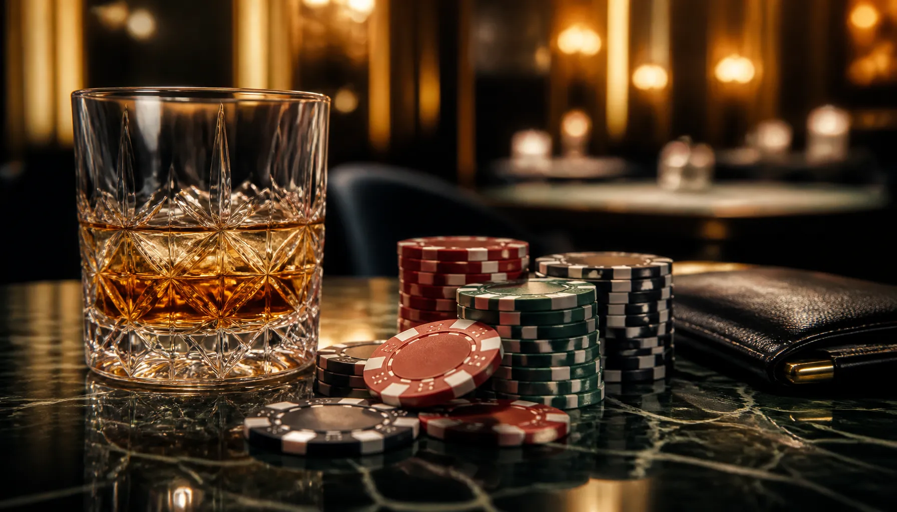 Close-up of gleaming interlocked gold rings spinning on a dark velvet surface with warm cinematic casino lighting