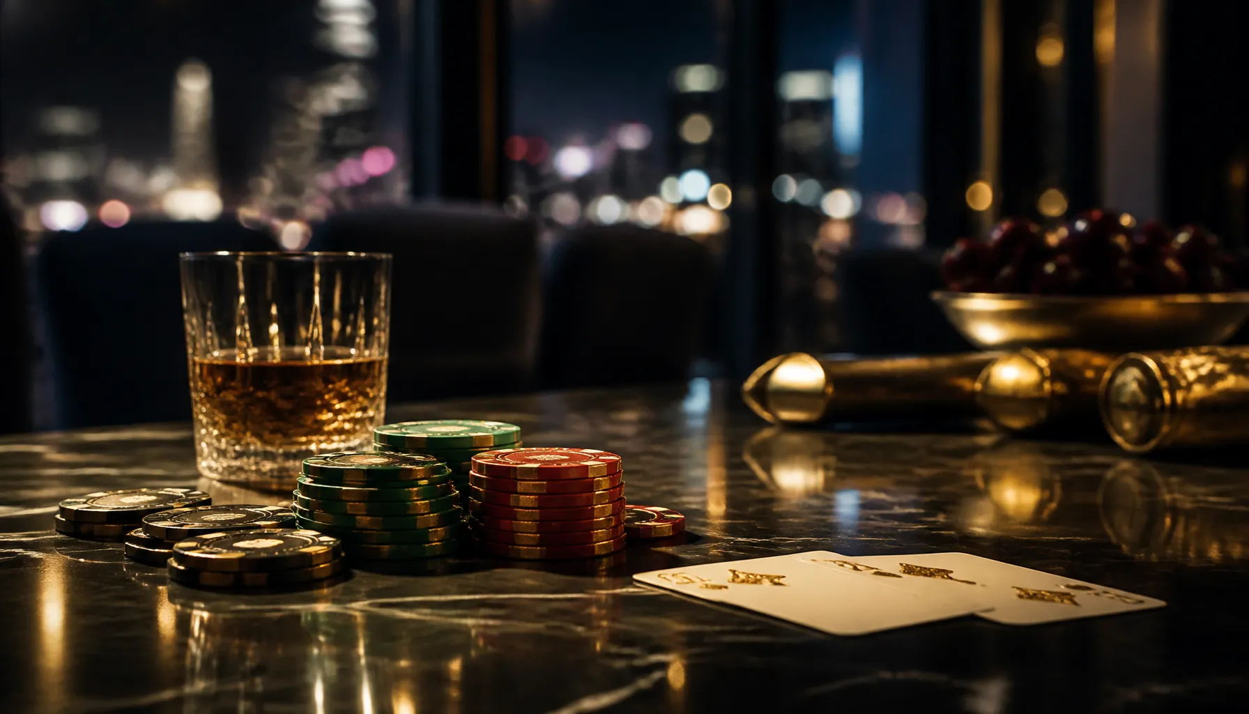 Close-up of gleaming interlocked gold rings spinning on a dark velvet surface with warm cinematic casino lighting